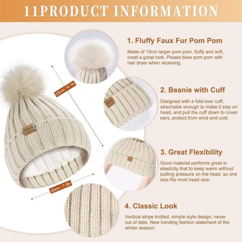 FISFET Winter Beanie Hat Scarf Gloves Set for Women, Womens Beanie with Pom Pom Long Scarf Neck Warmer Touchscreen Gloves 3 in 1 Set - Image 3